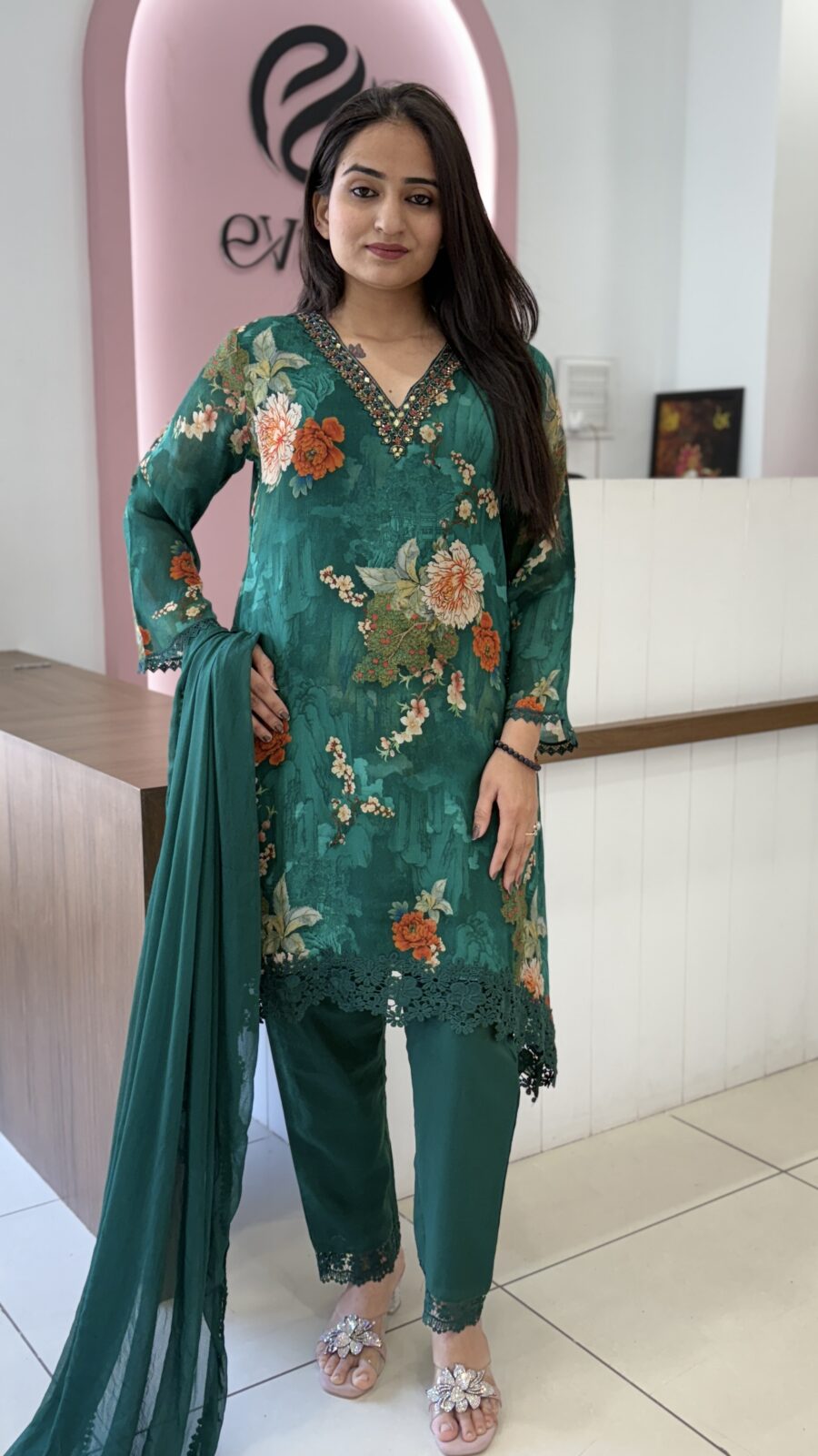 Short top with pant and chiffon dupatta