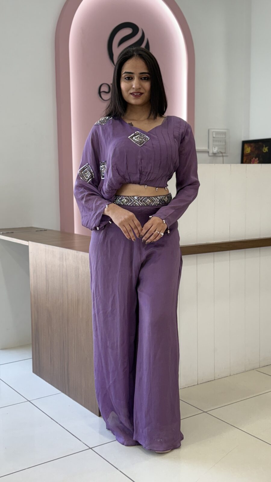 Crop Top With Plazo - Designer One-Side Sleeve