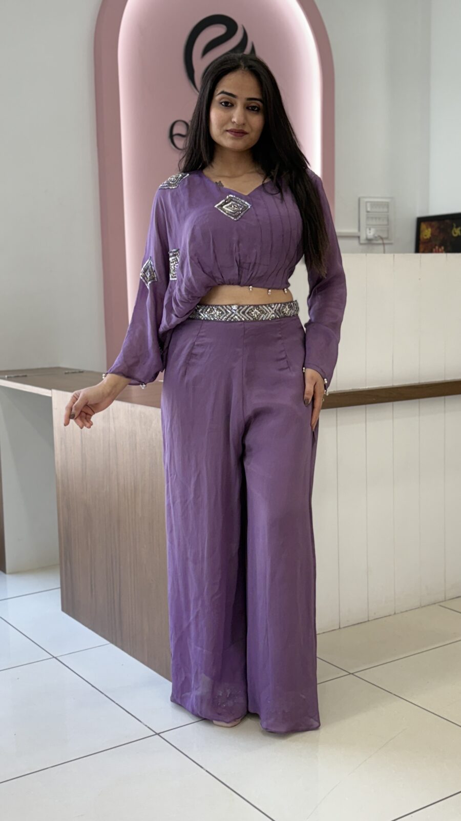 Crop Top With Plazo - Designer One-Side Sleeve - Image 2