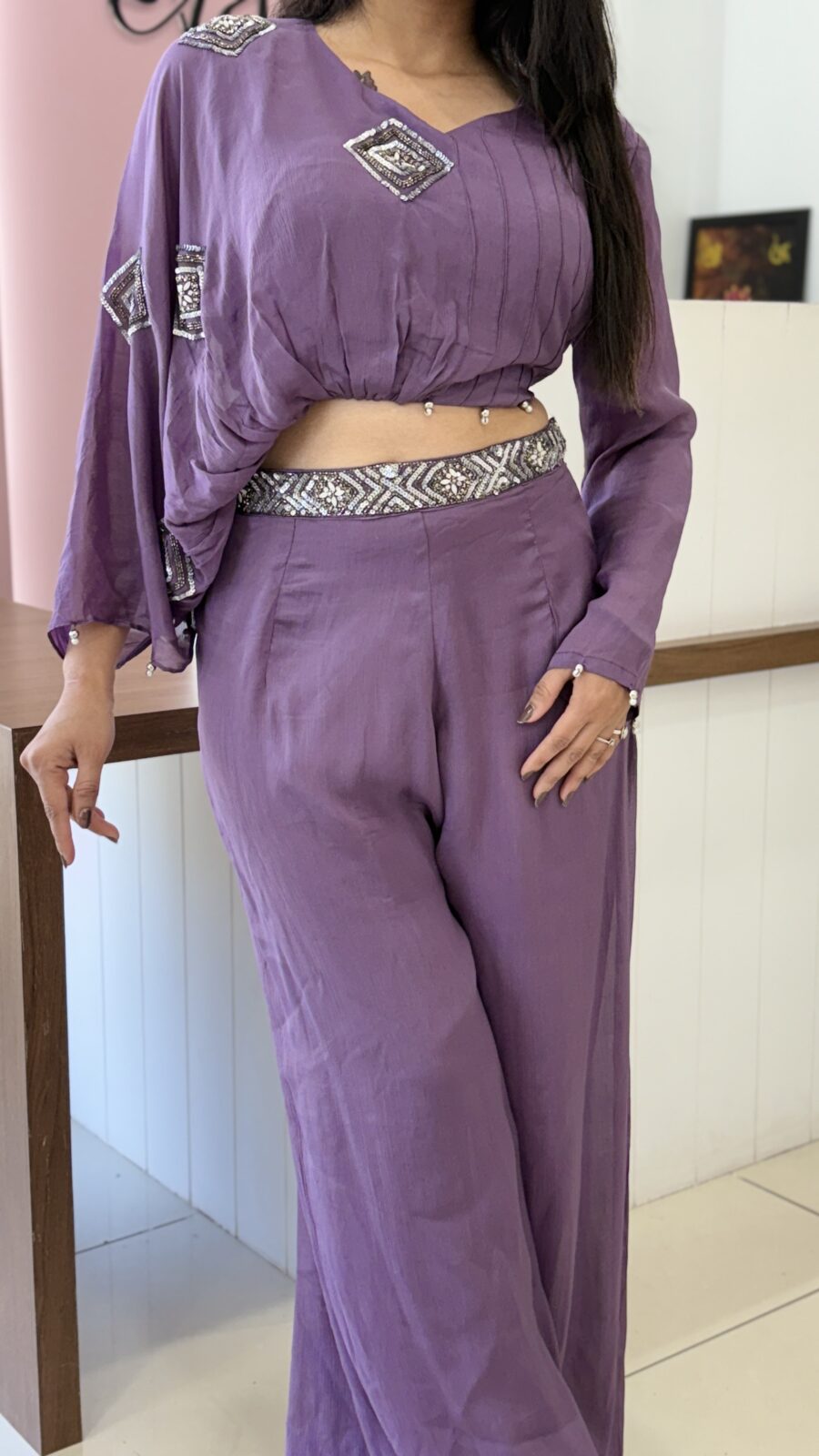 Crop Top With Plazo - Designer One-Side Sleeve - Image 3